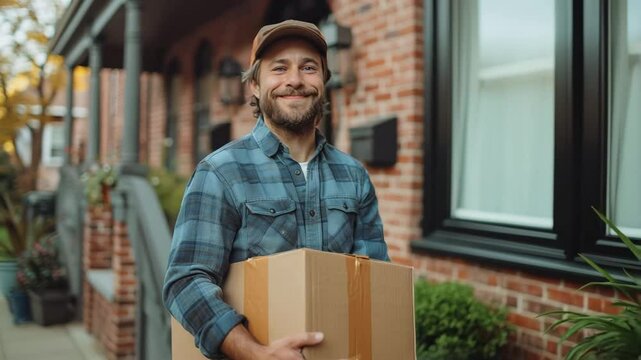 Delivery man holds a package outside a brick house during autumn afternoon