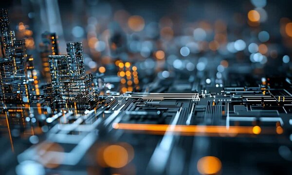 Abstract futuristic city landscape with glowing lights and circuit board details