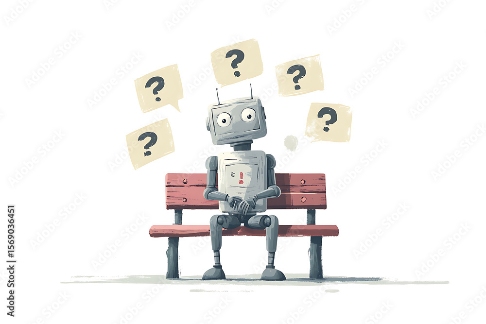 Poster a curious robot sitting on a park bench, pondering questions with speech bubbles around it