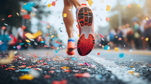 A celebratory moment of someone crossing the finish line at a race, confetti flying
