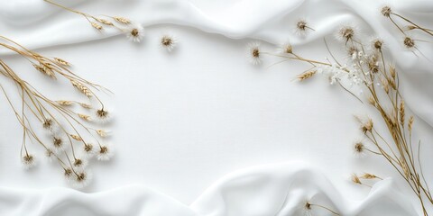 Dried Flowers on White Fabric Background