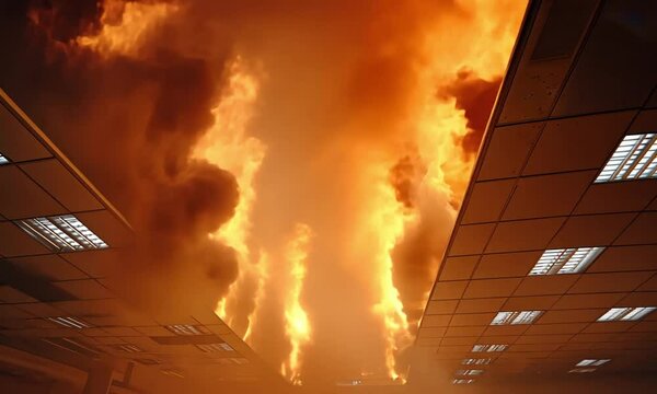 A large fire engulfs an office space with flames reaching the ceiling and causing extensive damage