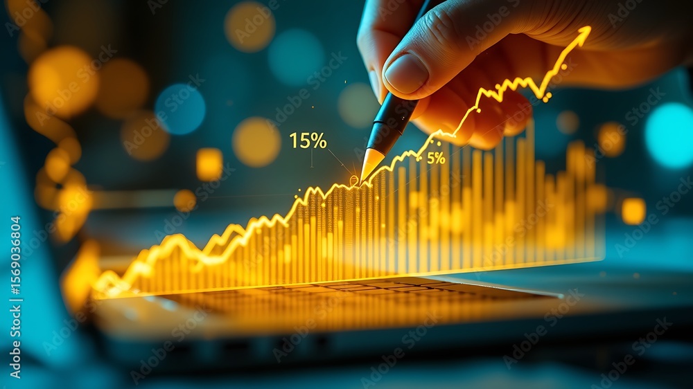 Aufkleber close up of a hand using a stylus to interact with a glowing orange financial data graph on a laptop