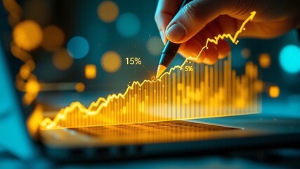 Close up of a hand using a stylus to interact with a glowing orange financial data graph on a laptop screen