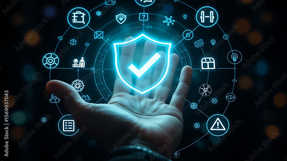Poster human hand presenting a glowing shield with a checkmark surrounded by digital security and network i