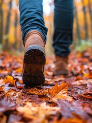Hiker exploring a remote national park trail, footsteps crunching on a bed of fallen leaves, peaceful adventure
