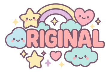 Pastel bubble sticker with "ORIGINAL" in cute cartoon style, playful promo offer on transparent background.
