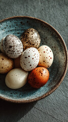 A close up of speckled eggs of various colors in a blue ceramic bowl on a textured surface