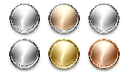 Metallic round buttons, various colors, isolated on white background