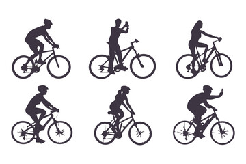 Set of Cyclist Silhouettes Riding Bicycles. Vector Illustration of People Biking in Various Poses, Outdoor Activity and Transportation Icons