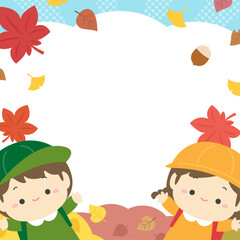 秋の紅葉と子供、遠足のイラスト、正方形