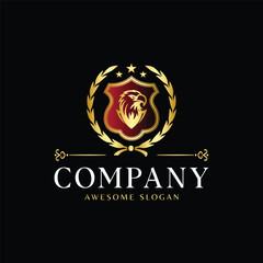 Luxury Royal Crest Logo with Golden Eagle in Shield and Laurel Wreath on Black Background