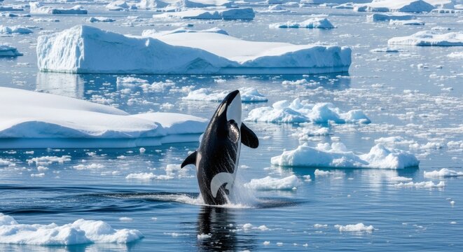 Orca breaching in Antarctic: A majestic orca whale breaches the icy waters of the Antarctic.