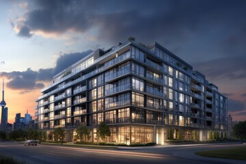 Modern condo building at sunset, Toronto skyline in background