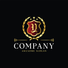 Luxury Royal Crest Logo with Letter Y in Golden Shield and Laurel Wreath on Black Background