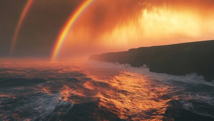 Fiery double rainbow over stormy cliffs