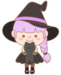 Hand drawn happy halloween cute witch costume character holding black cat