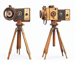 Antique film cameras on tripods, studio shot,  white background