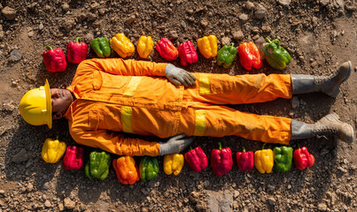 Man in orange work suit and yellow hard hat lying on the ground surrounded by bell peppers