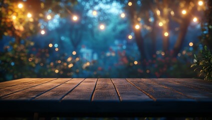 Rustic wooden table outdoors at night with string lights