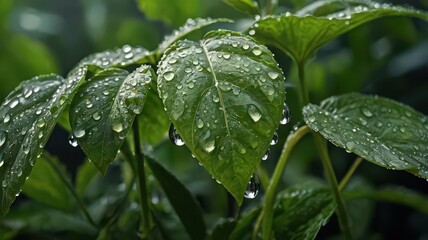 Close up of vibrant green leaves covered with glistening water droplets after a refreshing rain shower