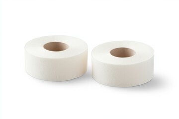 Two rolls of white toilet paper on a white background