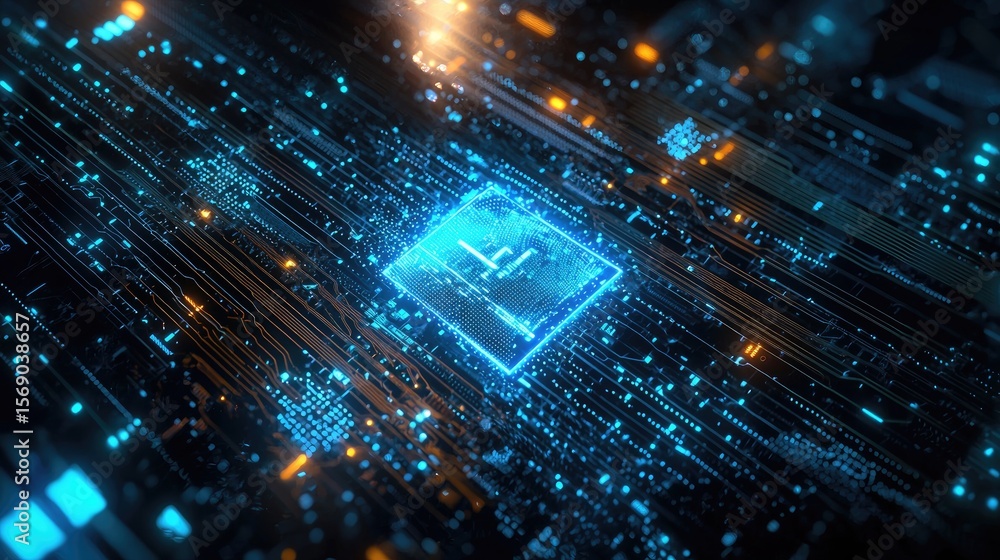 Poster detailed circuit board with glowing lines and a central processor.