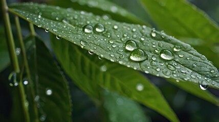 Close up of green leaves covered in water droplets after a rain shower in natural light outdoors