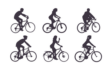Naklejka premium Set of Cyclist Silhouettes Riding Bicycles. Vector Illustration of People Biking in Various Poses, Outdoor Activity and Transportation Icons