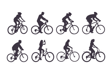 Fototapeta premium Set of Cyclist Silhouettes Riding Bicycles. Vector Illustration of People Biking in Various Poses, Outdoor Activity and Transportation Icons