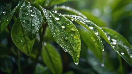 Close up of green leaves covered in water droplets after a rain shower in a natural setting outdoors