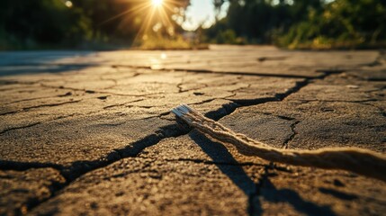 A cracked earth surface with a branch under sunlight and blurred background in a ground level shot