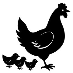 Hen with chicks silhouette on white background 