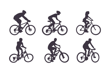 Set of Cyclist Silhouettes Riding Bicycles. Vector Illustration of People Biking in Various Poses, Outdoor Activity and Transportation Icons
