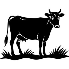 Cow standing in a field silhouette on white background 