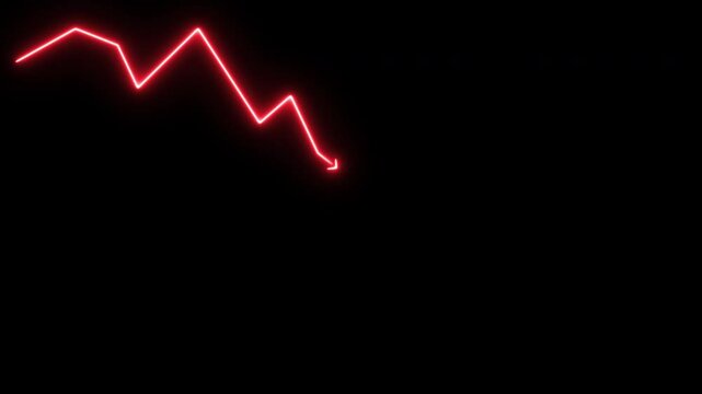 Decreasing trend red glowing line graph on black background. Recession chart of economy. Economic crisis, recession, decrease graph.