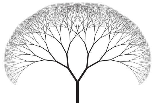 Symmetric fractal binary tree silhouette. Creative coding computational design.
