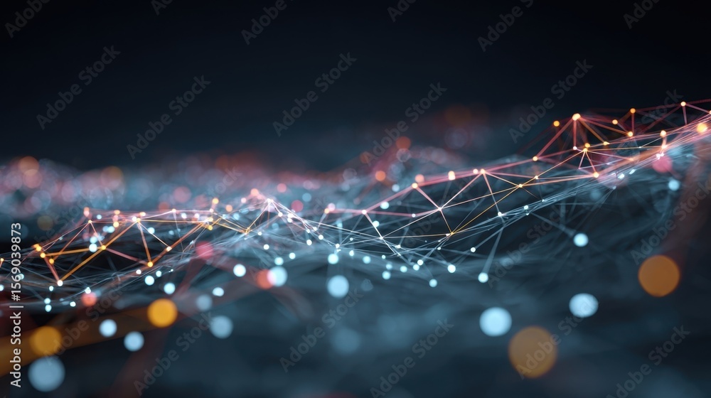 Aufkleber closeup view of digital networks displaying big data flow with a mesh of glowing lines and nodes in 