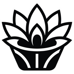 Black and white vector illustration of a flower in a pot, a floral art design element for nature and plant decoration