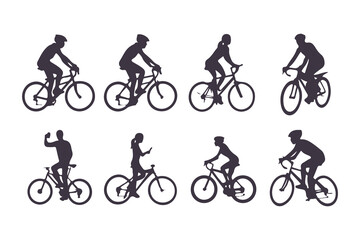 Fototapeta premium Set of Cyclist Silhouettes Riding Bicycles. Vector Illustration of People Biking in Various Poses, Outdoor Activity and Transportation Icons