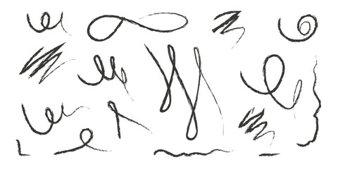 Abstract black hand drawn lines and scribbles on white background by marker or pen. Doodle chalk style design elements for highlights, text dividers, frames, or decorative purposes. Minimalist sketchy
