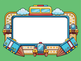 A colorful vector cartoon car illustration with a banner for school transportation, travel, or child education design