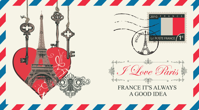 Vector greeting card with heart, keys, Eiffel Tower. Or postal envelope with stamp and words "I love Paris". Valentine for Valentine's Day. Travel flyer. French school. No AI used