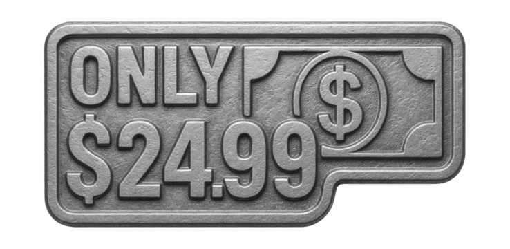 Metallic textured tag with ONLY $24.99 offer, bold retail promotion sticker on transparent background.