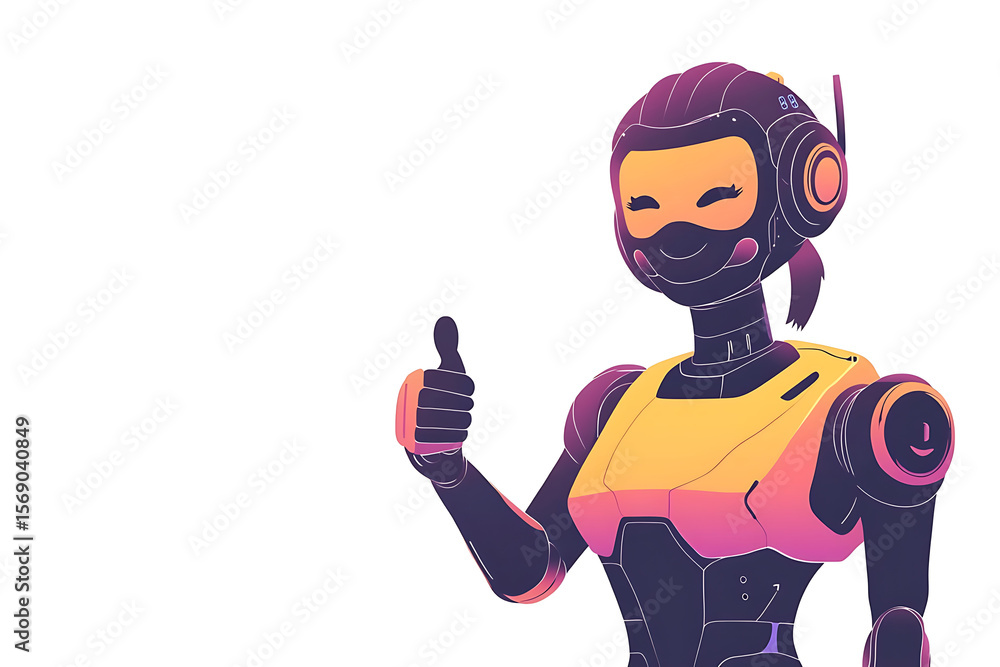 Poster futuristic robot character giving a thumbs-up in a minimalistic digital environment