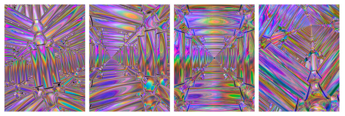 Set of 4 abstract 3D fractal backgrounds. Infinite iridescent structure with prismatic reflections.