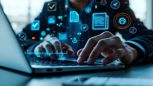 Person working on a laptop with futuristic digital interface displaying data analytics and compliance checks