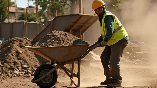 On a sunny construction site, a worker pushes a wheelbarrow filled with gravel, creating a slight dust cloud in this 4k footage.