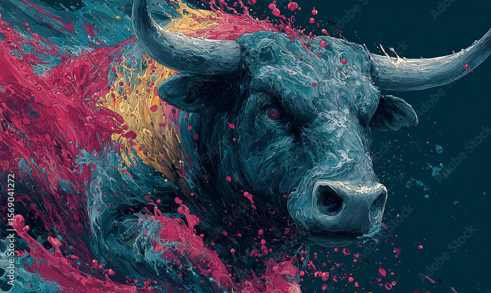 Aufkleber a vibrant painting of a bull with colorful splashes and a dark background in a modern style
