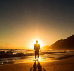 Person grateful standing beach during golden hour sunset. Gratitude, peacefulness and silence themes.